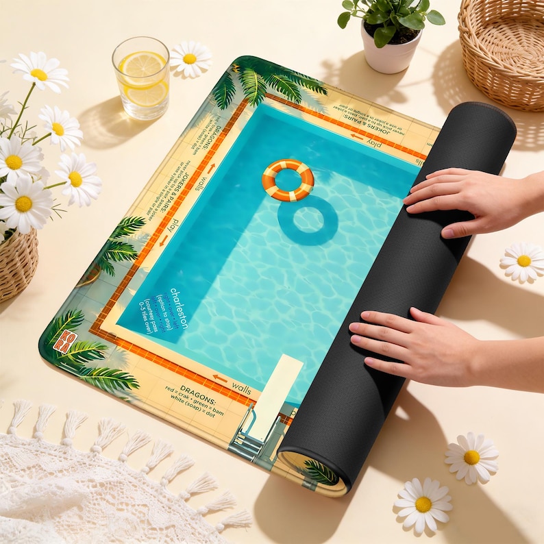Puede incluir: Una alfombra de juego rectangular con un dise&ntilde;o de piscina. La alfombra presenta una piscina azul con un salvavidas naranja y blanco. Hay palmeras y texto impresos alrededor de la piscina. La alfombra se est&aacute; desenrollando, revelando un reverso negro.