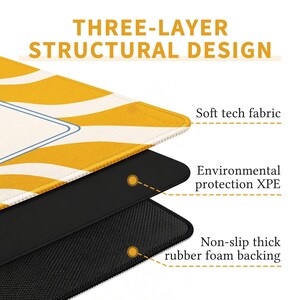 May include: Diagram of a three-layer mousepad design. The top layer is soft tech fabric with a yellow and white pattern. The middle layer is black environmental protection XPE. The bottom layer is a non-slip thick rubber foam backing. Text reads "THREE-LAYER STRUCTURAL DESIGN."