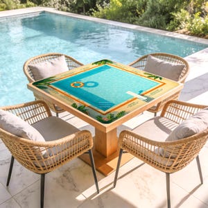 Könnte beinhalten: Ein quadratischer Holztisch mit Pool-Design, umgeben von vier Korbstühlen mit grauen Kissen. Der Tisch zeigt eine blaue Poolgrafik mit einem Sprungbrett und einer Schwimmweste. Die Szene spielt sich im Freien in der Nähe eines Pools ab.