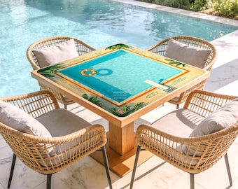 Summer Pool Mahjong Mat 32inx32in | Mahjong Table Mat | Poolside Game Mat | Neoprene Mahjong Mat | Tropical Palm Aesthetic | Mahjong Gift