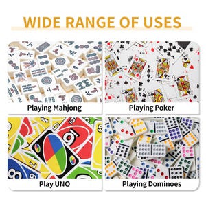 May include: Image showcasing a variety of games. Includes close-ups of Mahjong tiles, playing cards for poker, UNO cards, and dominoes. Text at the top reads "WIDE RANGE OF USES".