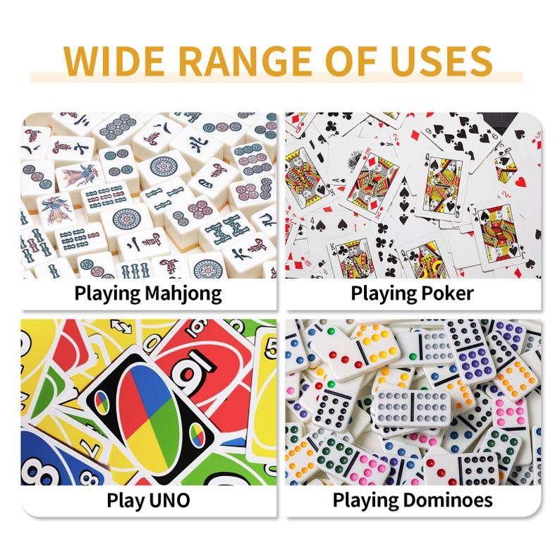 May include: Image showcasing a variety of games. Includes close-ups of Mahjong tiles, playing cards for poker, UNO cards, and dominoes. Text at the top reads "WIDE RANGE OF USES".