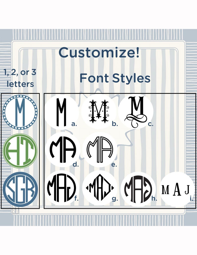 K&ouml;nnte beinhalten: Bild mit Monogramm-Schriftarten zur Individualisierung. Der Text lautet &bdquo;Anpassen!&ldquo; und &bdquo;Schriftarten&ldquo;. Verschiedene Buchstabenkombinationen werden in verschiedenen kreisf&ouml;rmigen und geometrischen Designs angezeigt, mit Optionen f&uuml;r 1, 2 oder 3 Buchstaben. Das Farbschema umfasst Blau, Gr&uuml;n und Schwarz.