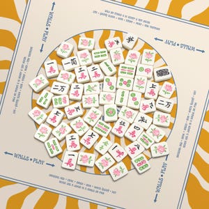 May include: A set of white Mahjong tiles with black Chinese characters and pink rose illustrations, arranged on a cream-colored game board with text that reads "WALLS &bull; PLAY". The board has a yellow and white striped background.