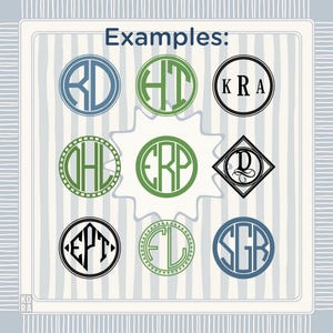 K&ouml;nnte beinhalten: Eine Sammlung von Monogrammbeispielen in verschiedenen Stilen und Farben, darunter Blau, Gr&uuml;n und Schwarz. Das Wort "Examples" ist oben zu sehen. Die Designs sind kreisf&ouml;rmig, rautenf&ouml;rmig und oval.
