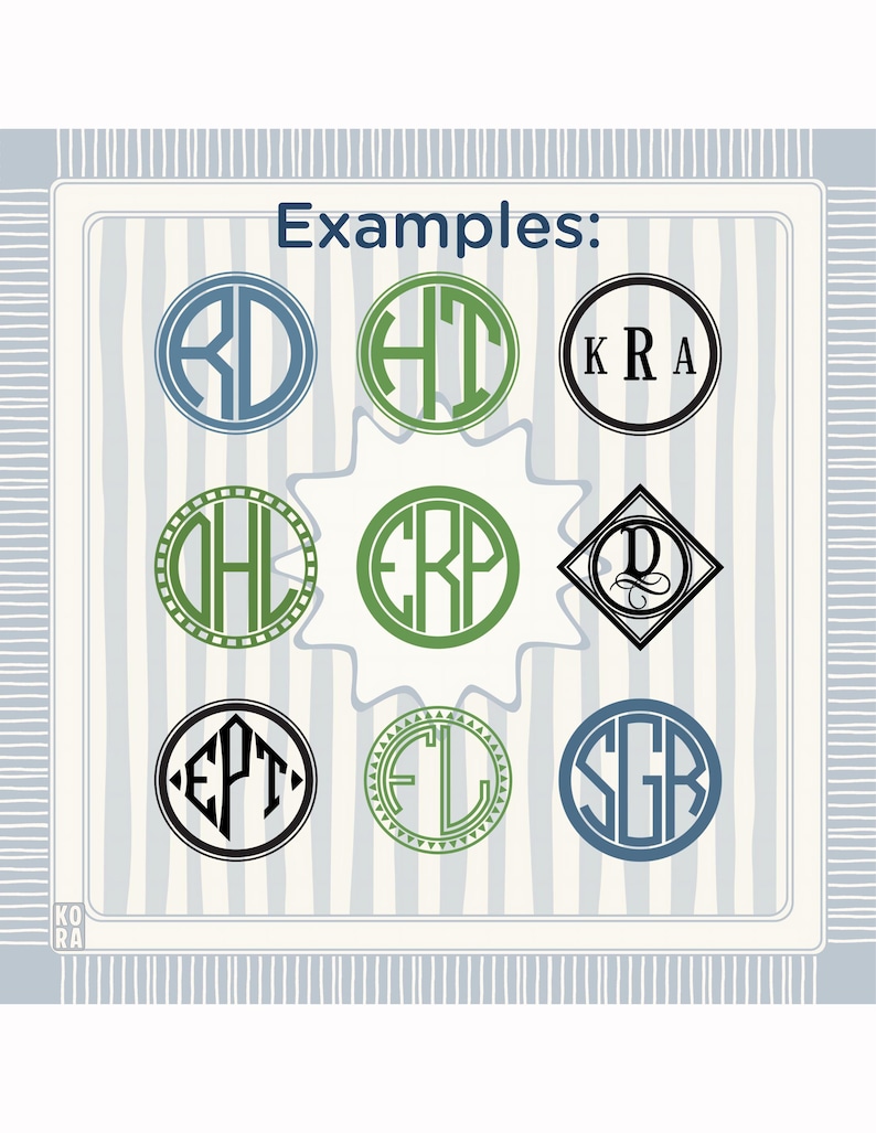 K&ouml;nnte beinhalten: Eine Sammlung von Monogrammbeispielen in verschiedenen Stilen und Farben, darunter Blau, Gr&uuml;n und Schwarz. Das Wort "Examples" ist oben zu sehen. Die Designs sind kreisf&ouml;rmig, rautenf&ouml;rmig und oval.