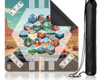 National Parks Settlers Game Mat 25x25 | Strategy Playmat | Retro Travel Poster |  Landscape Hex Tile Mat | Resource Trading Board Game Mat