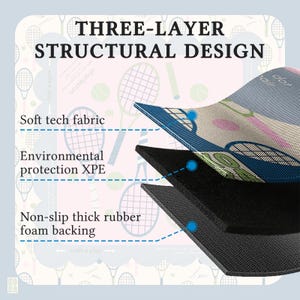 May include: Diagram of a three-layer structural design. The top layer is soft tech fabric with a tennis racket pattern. The middle layer is environmental protection XPE. The bottom layer is non-slip thick rubber foam backing. Text reads "THREE-LAYER STRUCTURAL DESIGN."