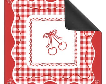 Cherries Mahjong Mat 32inx32in | Gingham Mahjong Table Mat | Cute Floral Game Mat | Neoprene Mahjong Mat | Coquette Aesthetic | Mahjong Gift