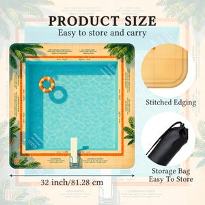 Puede incluir: Un juego de mesa con dise&ntilde;o de piscina, con una piscina azul con un salvavidas y un trampol&iacute;n. El juego mide 81,28 cm de ancho e incluye una bolsa de almacenamiento. El texto en el tablero dice "Product Size, Easy to store and carry".
