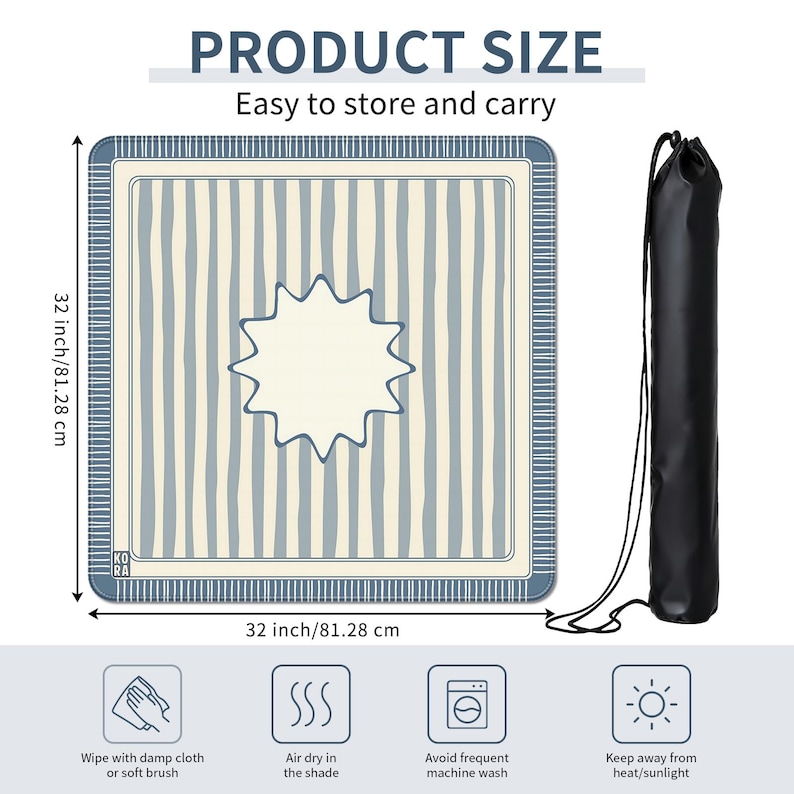 K&ouml;nnte beinhalten: Eine quadratische Matte mit blauen und cremefarbenen vertikalen Streifen, die 81,28 cm misst, wird mit einer schwarzen Tragetasche gezeigt. Die Matte hat ein sternf&ouml;rmiges Design in der Mitte und den Text "PRODUCT SIZE" und "Easy to store and carry".