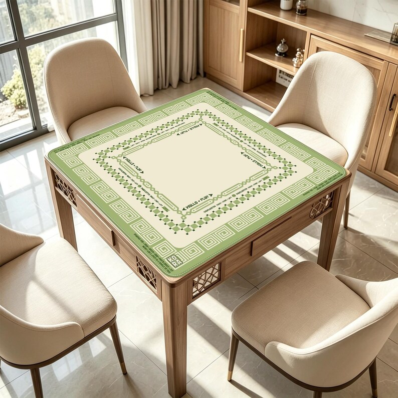 K&ouml;nnte beinhalten: Ein quadratischer Spieltisch aus Holz mit einer gr&uuml;nen und cremefarbenen Spielfl&auml;che. Der Tisch hat vier passende St&uuml;hle. Die Spielfl&auml;che hat einen dekorativen Rand und die Worte "WELLS + PLAY". Die St&uuml;hle sind mit beigem Stoff bezogen.