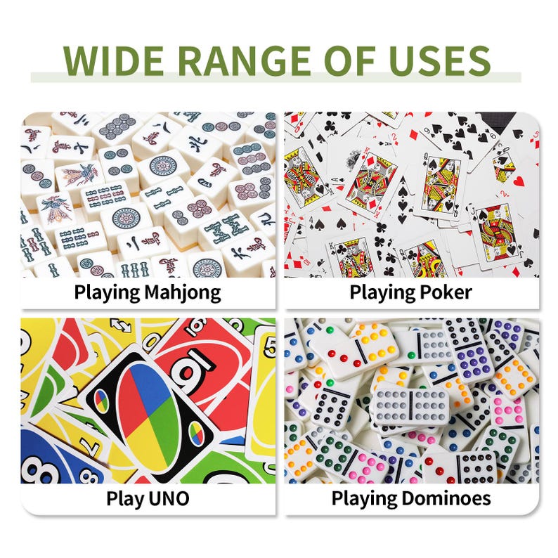 K&ouml;nnte beinhalten: Bild mit verschiedenen Spielen. Enth&auml;lt Mahjong-Steine, Spielkarten f&uuml;r Poker, UNO-Karten und Dominosteine. Der Text oben lautet "WIDE RANGE OF USES". Jedes Spiel ist mit seinem Namen versehen.