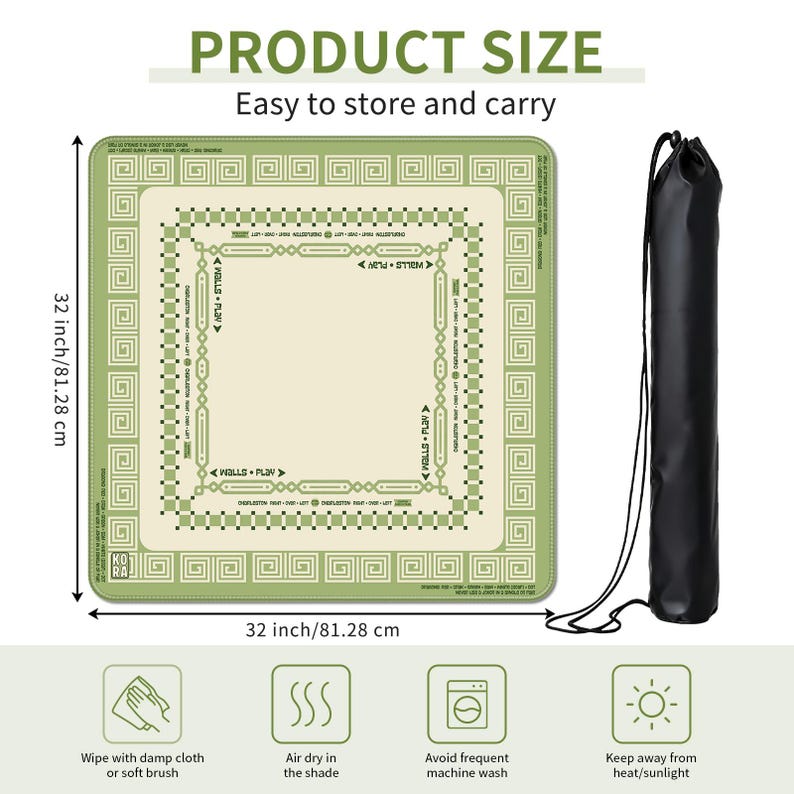 K&ouml;nnte beinhalten: Eine gr&uuml;ne und beige Spielmatte, 81,28 cm im Quadrat, mit dekorativem Rand und dem Text "WALLS PLAY". Sie enth&auml;lt eine schwarze Tragetasche. Die Matte ist so konzipiert, dass sie leicht zu verstauen und zu transportieren ist.