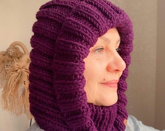 Hand-Knitted Balaclava Hood with Face Mask - Soft and Warm, Unisex, beanie pattern