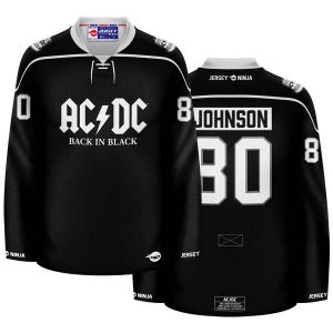 May include: Black hockey jersey with white lettering. The jersey has the band AC/DC's logo and the words "Back in Black" on the front. The back of the jersey has the number 80 and the name "JOHNSON" above it.