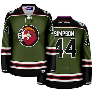 May include: Two green and black hockey jerseys with red and white stripes. One jersey has a cartoon fish with the text "Hellfish" and the number "4". The other jersey has the text "Simpson" and the number "44".