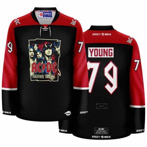 May include: Black and red hockey jersey with the band AC/DC's logo and the words "Highway to Hell". The jersey also has the number 79 and the name "Young" on the back.