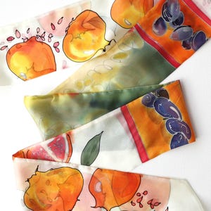 Hand-Painted Silk Scarf: Long Skinny Scarf with Pomegranates and Plums