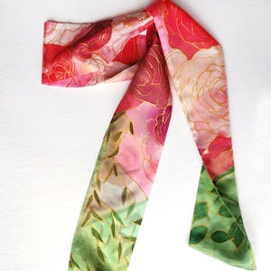 Floral SKINNY Silk Scarf Hand Painted, Long Neck Scarf with Red Roses, Hair Tie Silk Hair Ribbon, Green & Red Headband Double Sided