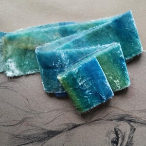 Blue and Green Silk Velvet Ribbon, Raw Edges Ribbons, Watercolor Wedding Invitation ribbon, Bouquet Decoration, Hand ripped