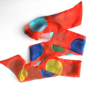 Hand Painted Orange Silk Skinny Scarf: Blue Yellow Dots Hair Tie
