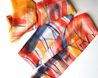Orange Abstract Hair Tie Painted by Hand | Long Neck Scarf | Silk Narrow Scarf Unique | Silk Scarf for Hair | Headband | Gift teen daughter