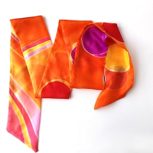 Peach Silk Scarf: Long Skinny Abstract Painting, Bright Accessory