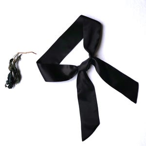 Black Silk Satin Skinny Scarf, Black Hair Ribbon, Purse Scarf Decoration in Black, Bow Tie Choker. Hand-Painted Skinny Silk Satin Scarf