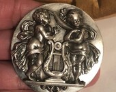 Vintage silvertone large round dimensional angels brooch, bas relief articulated angels harp round silver plated pin brooch, holiday brooch
