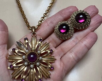 Vintage large HMS goldtone brooch faux amethyst pearls, 30" rolo chain, faux amethyst clip earrings, HMS jeweled pendant necklace