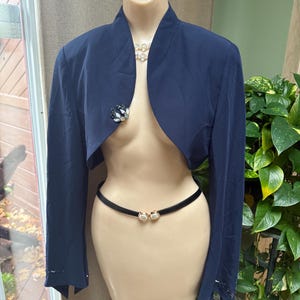 Vintage navy blue jeweled bolero jacket M, David's Bridal boho movie star dark blue bolero M, dressy navy blue jeweled bell sleeve bolero M