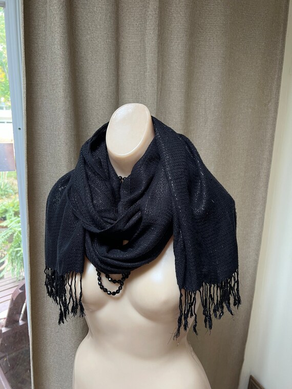 Vintage black woven oversized shawl wrap, tiny gl… - image 9