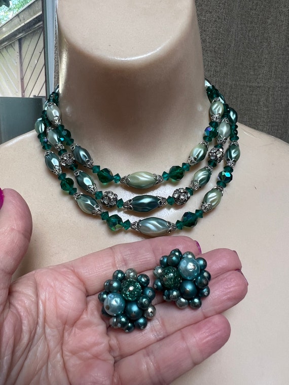 Teal green 3 strand crystal pearls necklace earrin