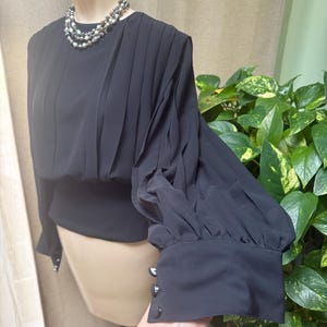 Vintage dramatic black pleated sleeve/bodice blouse M, poly crepe peplum style black pleated dressy blouse M, theater style blouse M
