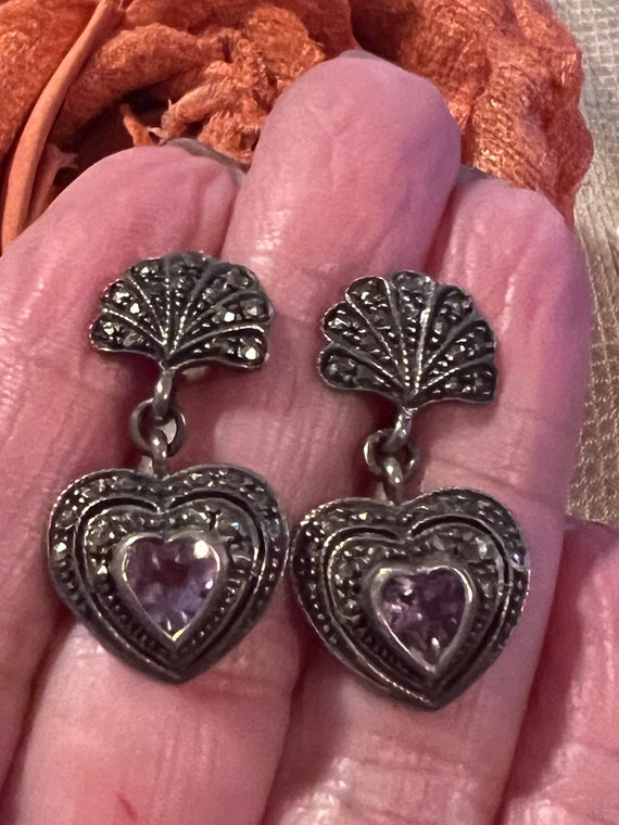 Vintage small sterling marcasite amethyst heart e… - image 3