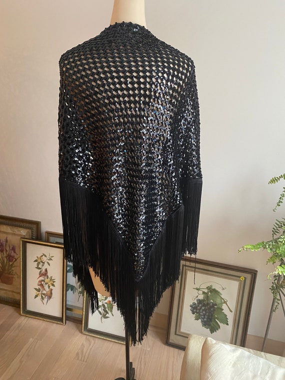Vintage dramatic black fringed sequined shawl, bl… - image 10