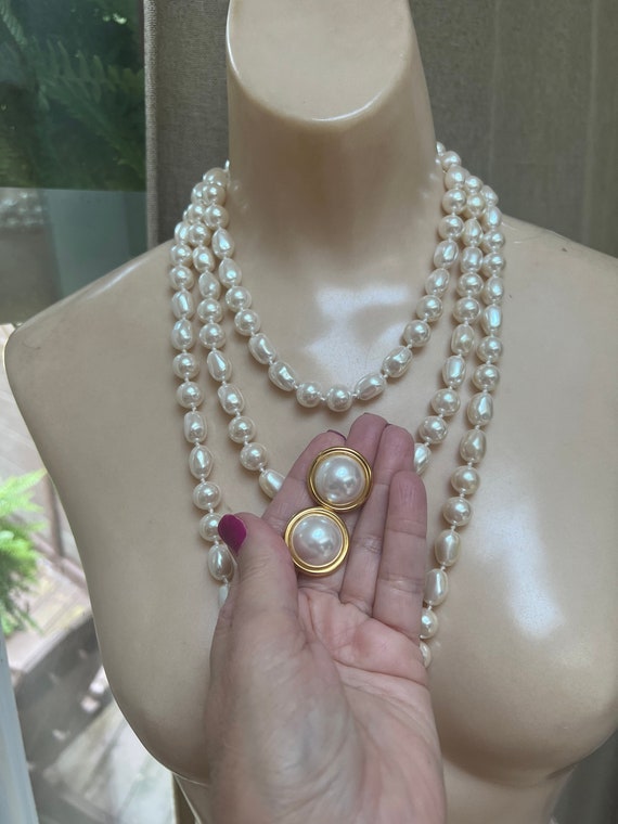 Vintage 72" large faux baroque pearl necklace earr