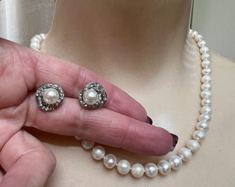 Vintage 14k white gold clad clasp 16" pearl strand, bride's freshwater pearl strand w/ earrings, bridesmaids' pearl earrings combination