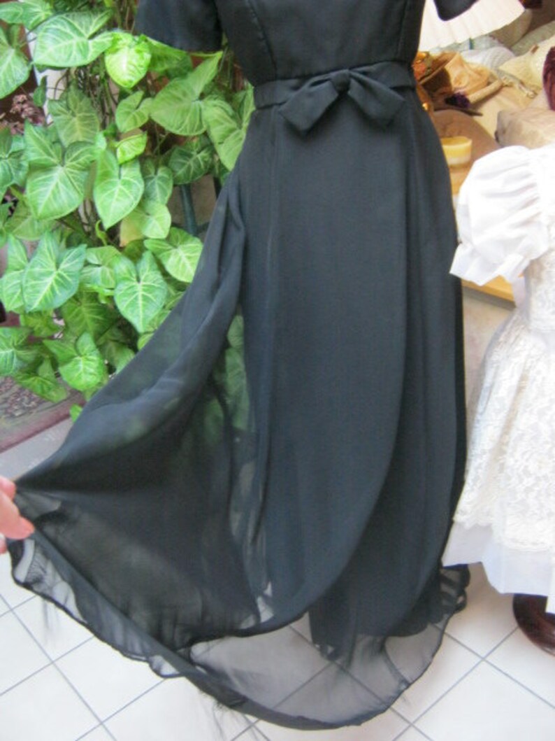 empire waist button back black gown classic black gown size S made USA Vintage midcentury black evening dress