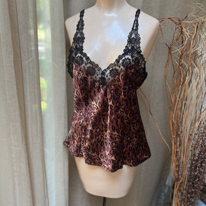 Vintage sexy copper black leopard silk lingerie set L, silk leopard print black lace trim tank panties, anniversary lingerie L, sexy silk L