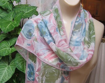 Vintage Honey soft pastels flowers scarf, silk pastel flowers long scarf, dusty pink aqua green sheer silk scarf, made Japan Honey scarf