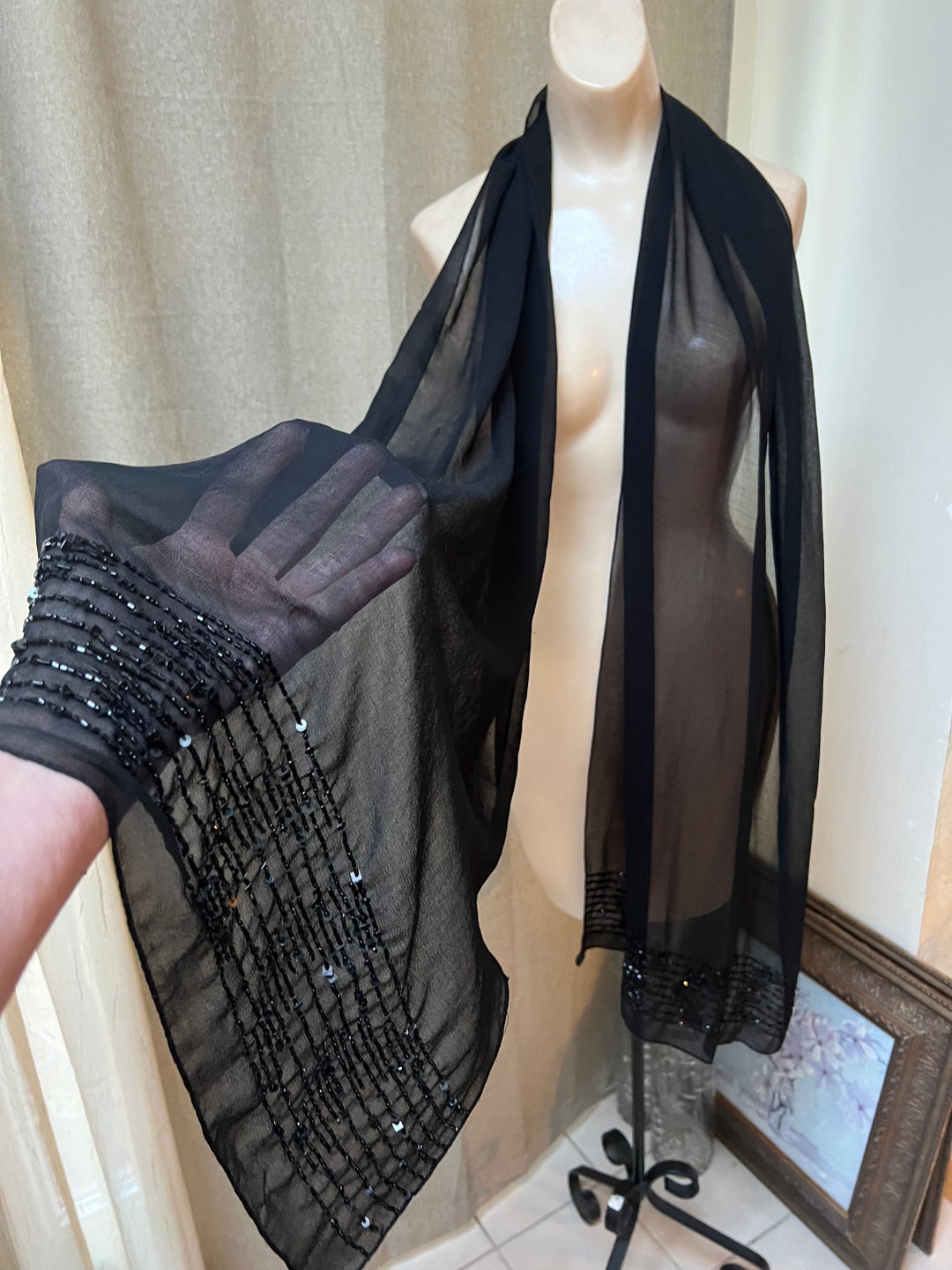 Vintage Black Semi Sheer Bugle Beaded Long Shoulder Wrap Long - Etsy