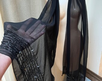 Vintage black semi sheer bugle beaded long shoulder wrap, long black beaded evening scarf, formal black wrap scarf