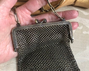 Vintage antique German silver metal mesh small purse, oxidized silver metal mesh little handbag, bride's silver mesh mini bag, wedding purse