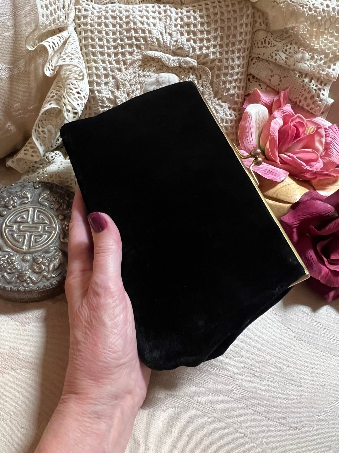 Vintage Black Velvet Evening Clutch With Coin Purse Lipstick Etsy