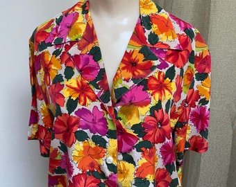 Vintage bright flowers silk summer blouse S, Breckenridge colorful pansies short sleeve silk top sz 6, orange pink floral silk blouse sz 6