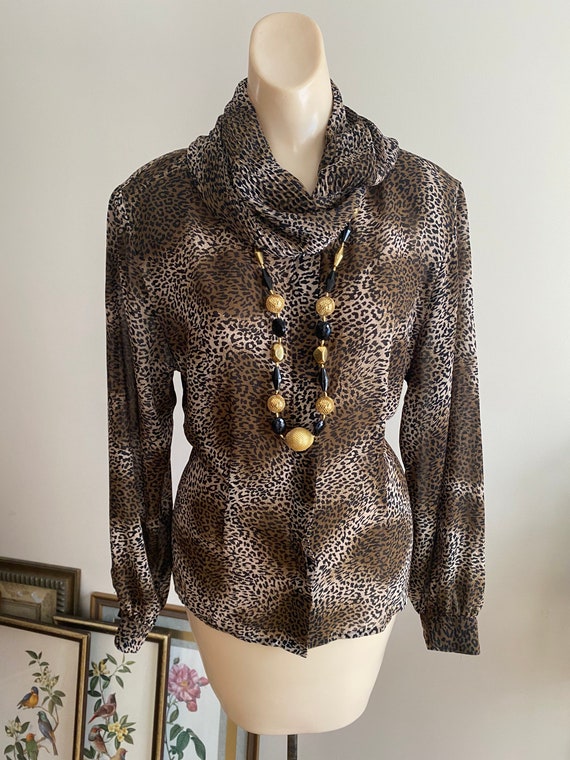 Vintage silky look mini leopard print blouse M, C… - image 1