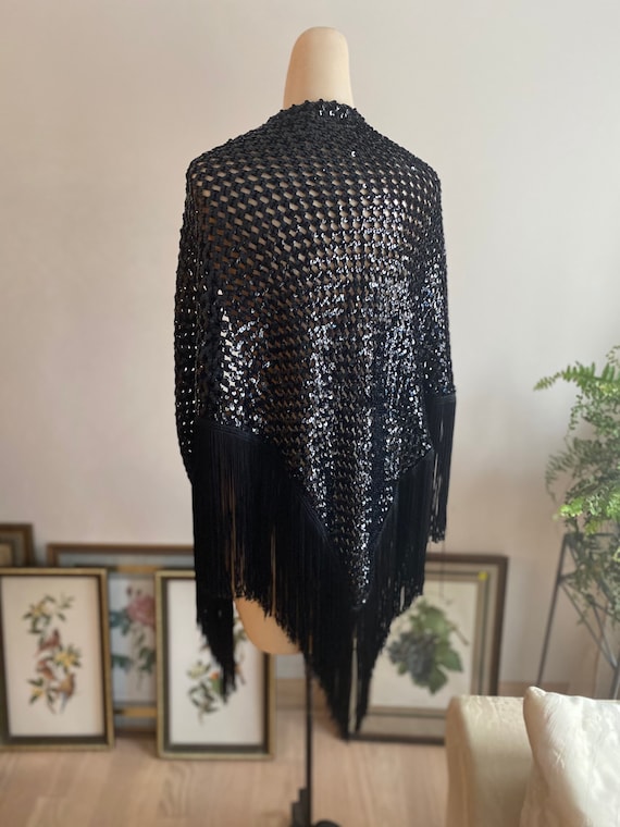 Vintage dramatic black fringed sequined shawl, bl… - image 2