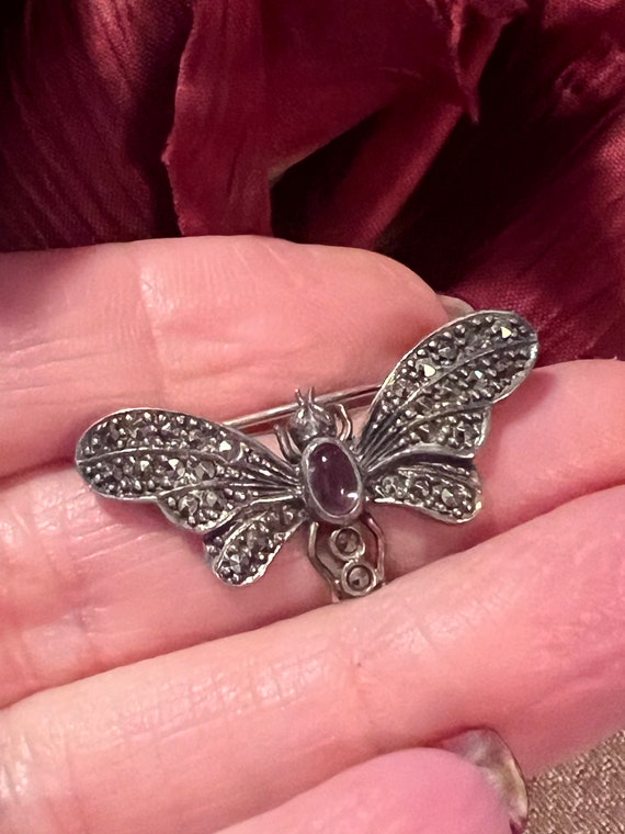Vintage tiny marcasite amethyst butterfly pin, ste